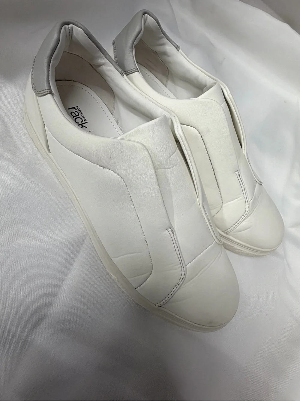Nordstrom White Slip-On Leather Sneakers with Silver Heel Accent